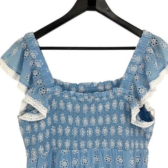 STS Sail To Sable Womens Floral Eyelet Tiered Lace Smocked Dress Blue Large NWT$ - Picture 2 of 9